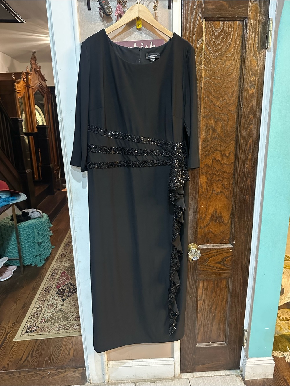 R&M Richards Black Sequin-Trim Long Sleeve Maxi Dress